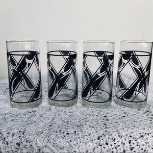 •Vintage• Set of 4 Libbey Highball Drinking Glasses; Black Swirl Twisting Design